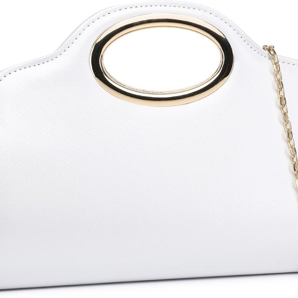 Chic White Clutch Bag with Metal Handle & Chain - Perfect for Evening Events